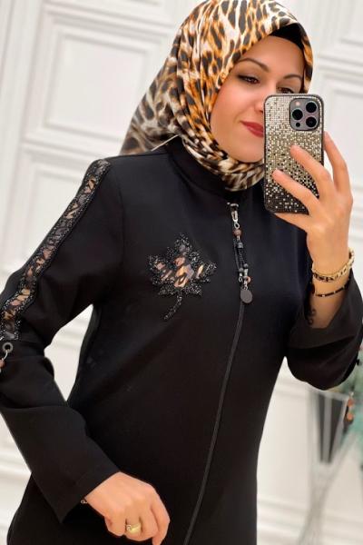 3005 Leopar Yapraklı Ferace Siyah Siyah