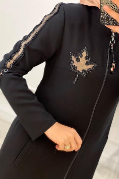 3006 Çınar Yapraklı Kolu Şerit Ferace Siyah Siyah