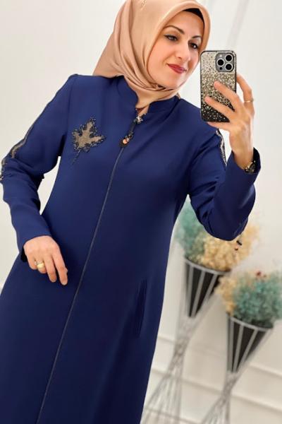 3006 Çınar Yapraklı Kolu Şerit Ferace Lacivert Lacivert