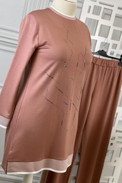 3010 Çizgi Detay Eşofman Takımı Pudra