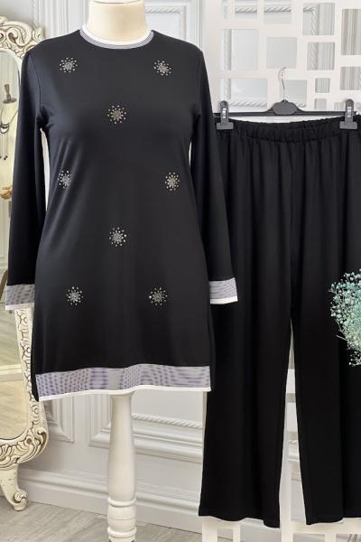 3019 Güneş Detay Eşofman Takımı Siyah Siyah