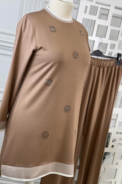 3019 Güneş Detay Eşofman Takımı Sütlü Kahve Sütlü Kahve