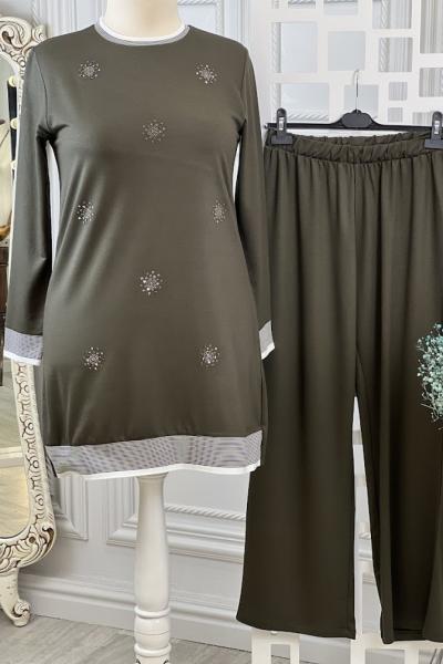 3019 Güneş Detay Eşofman Takımı Haki Haki