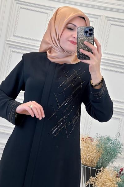 3034 Yaka Kol Taşlı Ferace Siyah Siyah