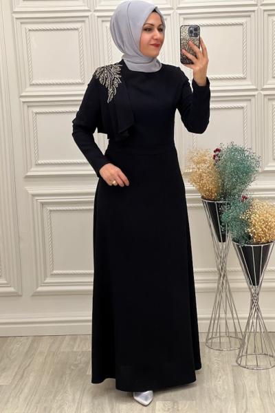 3058 Omuz Taşlı Elbise Siyah