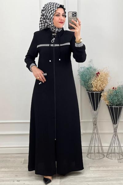 3060 Kolu Şeritli Ferace Siyah Siyah