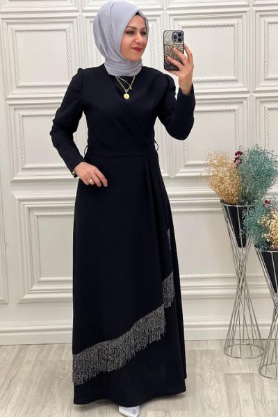 3061 Eteği Püsküllü Elbise Siyah Siyah