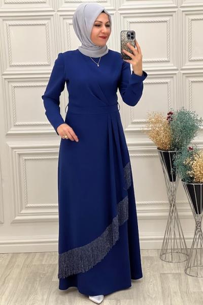3061 Eteği Püsküllü Elbise İndigo İndigo