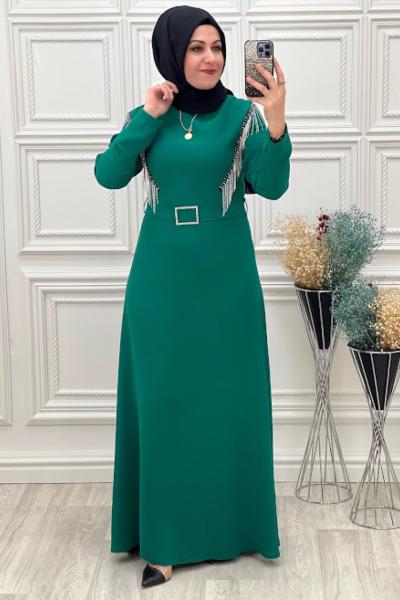 3082BLN Yaka Zincirli Elbise Zümrüt Zümrüt