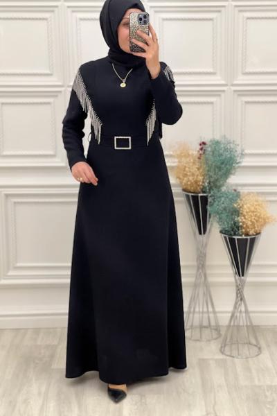 3082BLN Yaka Zincirli Elbise Siyah Siyah