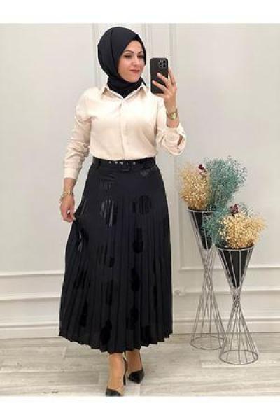 3263 Puantiyeli Fileli Etek Siyah Siyah