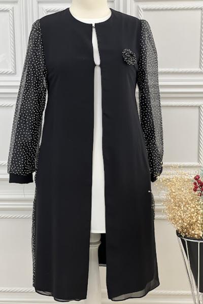 3304 Kolu Puanlı Organze Takım Siyah