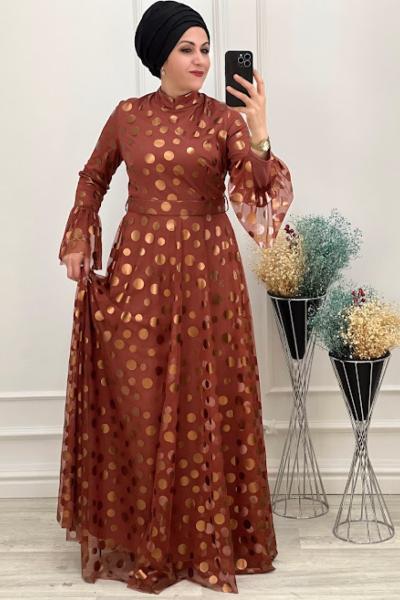 3304 Puantiyeli Tül Elbise Kiremit Kiremit