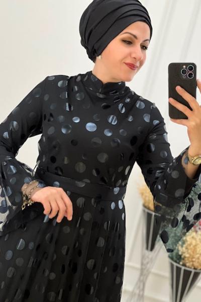 3304 Puantiyeli Tül Elbise Siyah Siyah