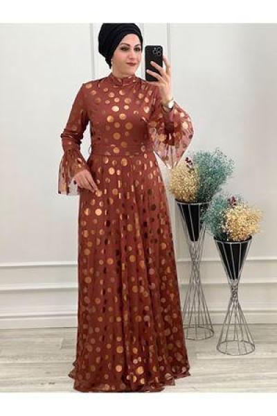 3304 Puantiyeli Tül Elbise Kiremit Diğer