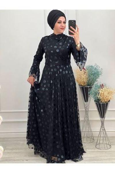 3304 Puantiyeli Tül Elbise Siyah Diğer