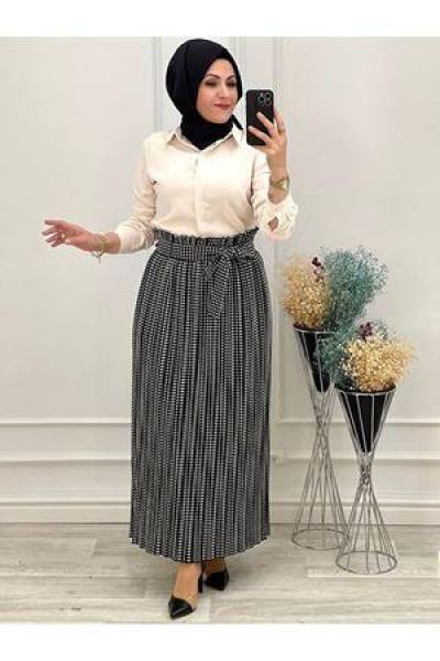 3333 Puantiyeli Lastikli Etek Beyaz Siyah
