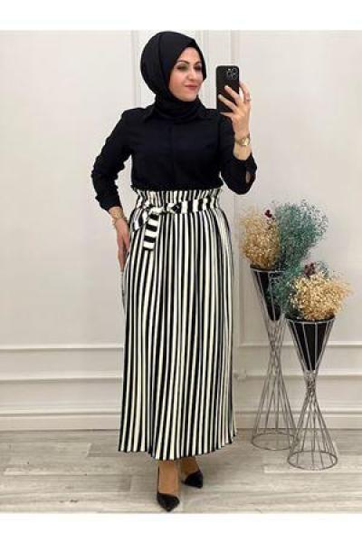 3334 Şerit Desenli Lastikli Etek Siyah Beyaz