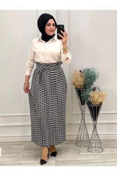3335 Karışık Desenli Lastikli Etek Siyah Beyaz
