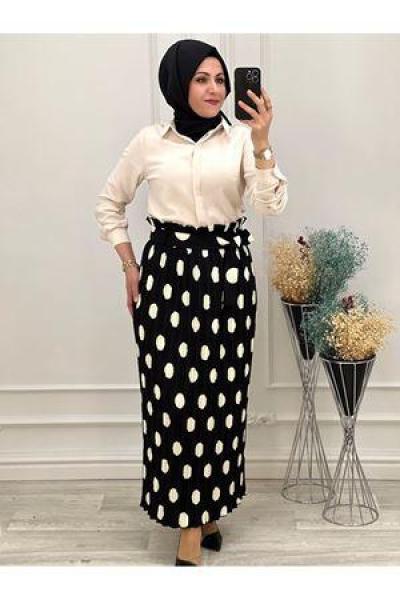 3336 Büyük Puantiyeli Lastikli Etek Siyah Siyah