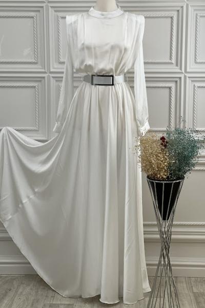 3378 Saten Elbise Sade Beyaz Beyaz