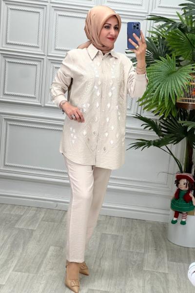 33827 Tunik Takım Taş Rengi