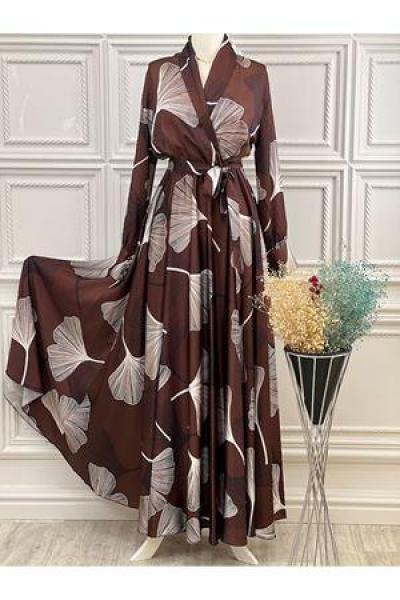 3410 Desenli Saten Abiye Kahve Kahverengi