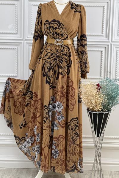 3418 Desenli Şifon Elbise Hardal Hardal Sarısı