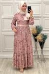 3426 Çiçekli Şifon Elbise Pudra Pudra