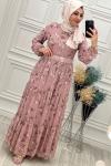 3426 Çiçekli Şifon Elbise Pudra Pudra