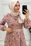 3426 Çiçekli Şifon Elbise Pudra Pudra