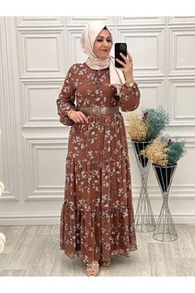 3427 Çiçekli Şifon Elbise Taba Diğer