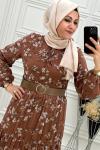 3427 Çiçekli Şifon Elbise Kiremit Kiremit