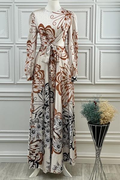 3432 Saten Elbise Taş Taş Rengi