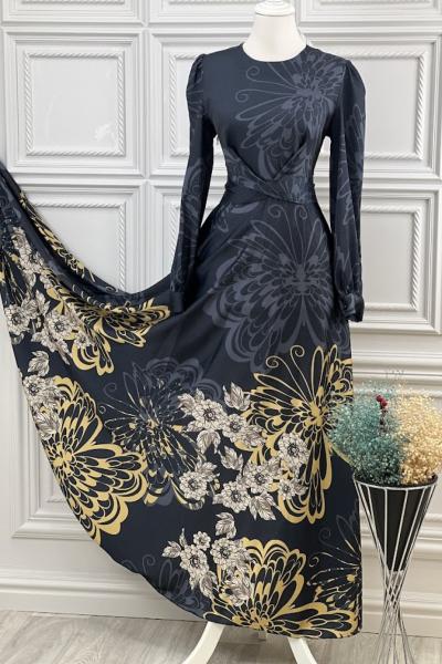 3432 Saten Elbise Lacivert Lacivert