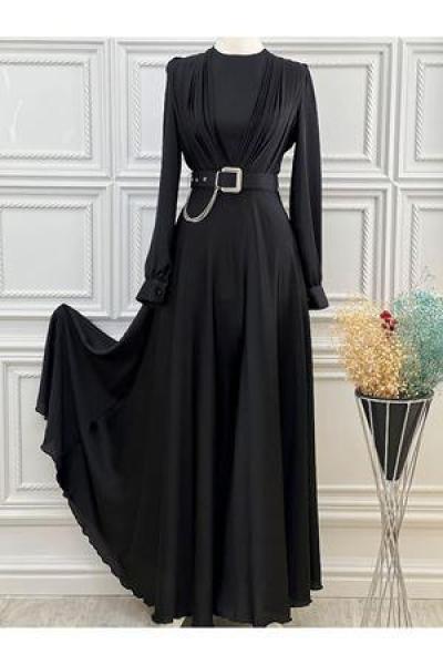 3454 Krovizeli Saten Elbise Siyah Siyah