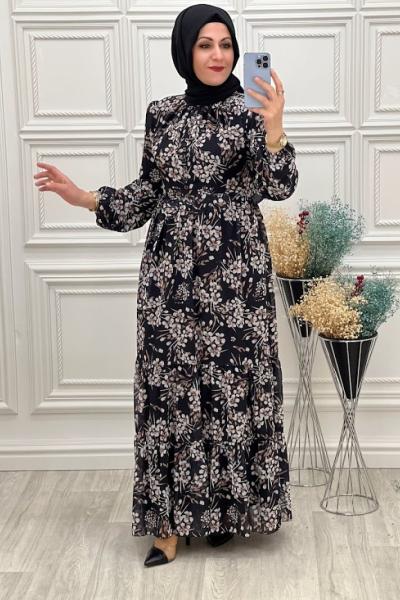 3455 Çiçekli Şifon Elbise Siyah Siyah