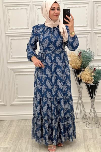 3456 Çiçekli Şifon Elbise İndigo İndigo