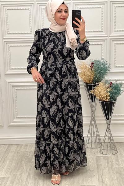 3456 Çiçekli Şifon Elbise Siyah Siyah