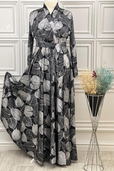 3481 Yaprak Desenli Saten Elbise Siyah Siyah