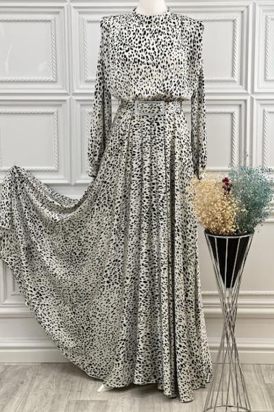 3491 Kemerli Karışık Desen Şifon Elbise Krem Krem