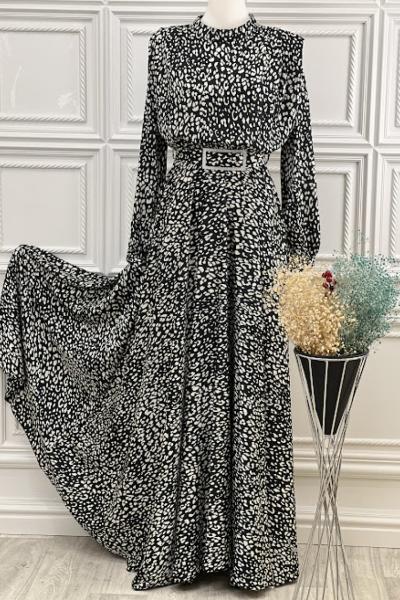 3491 Kemerli Karışık Desen Şifon Elbise Siyah Siyah