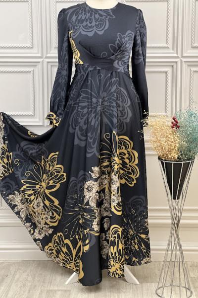 3498 Battal Beden Saten Elbise Lacivert Lacivert