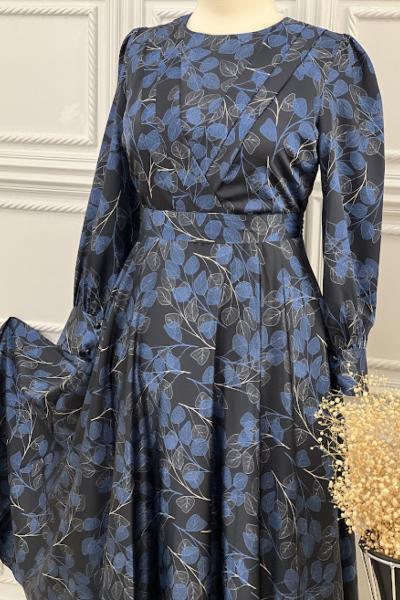 3540 Sık Yapraklı Saten Elbise Mavi Mavi