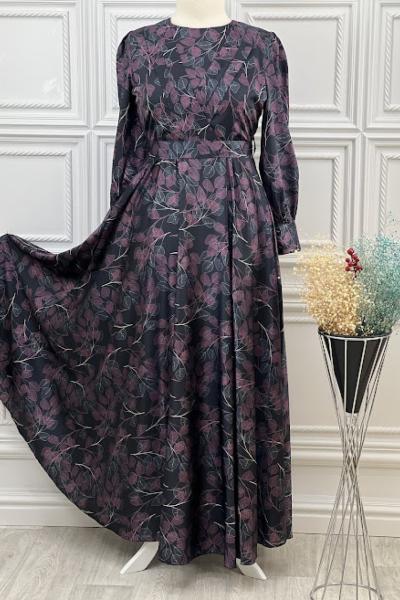 3540 Sık Yapraklı Saten Elbise Mürdüm Mürdüm