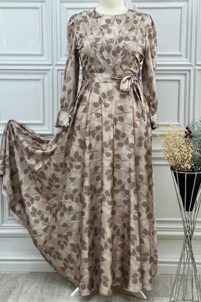 3540 Sık Yapraklı Saten Elbise Taş Taş Rengi