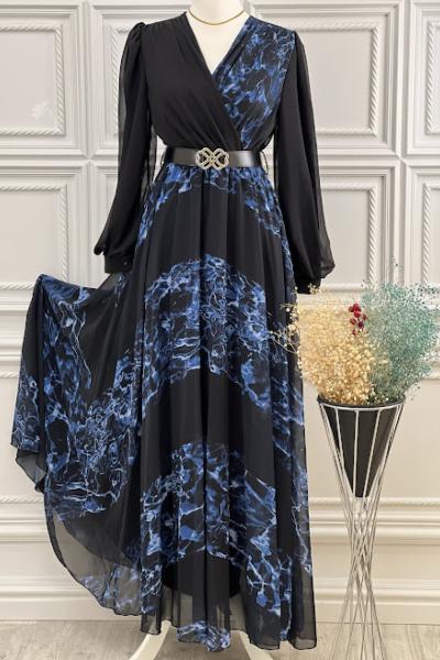 3541 Çift Renkli Şifon Elbise Mavi Mavi