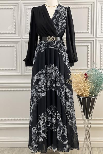 3541 Çift Renkli Şifon Elbise Gri Gri