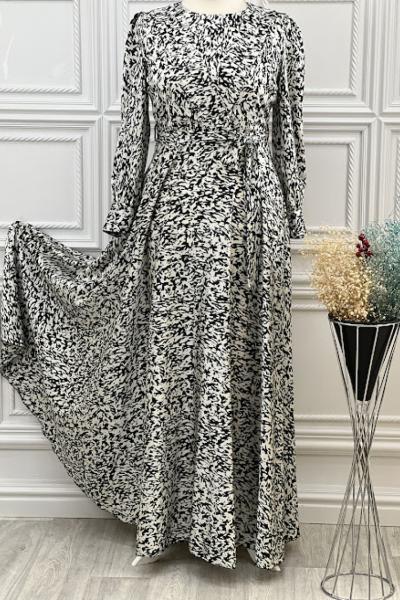 3544 Bel Bağlamalı Karışık Desen Krem Krem