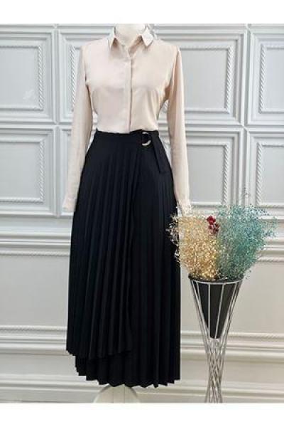 3549 Tokalı Pileli Etek Siyah Siyah